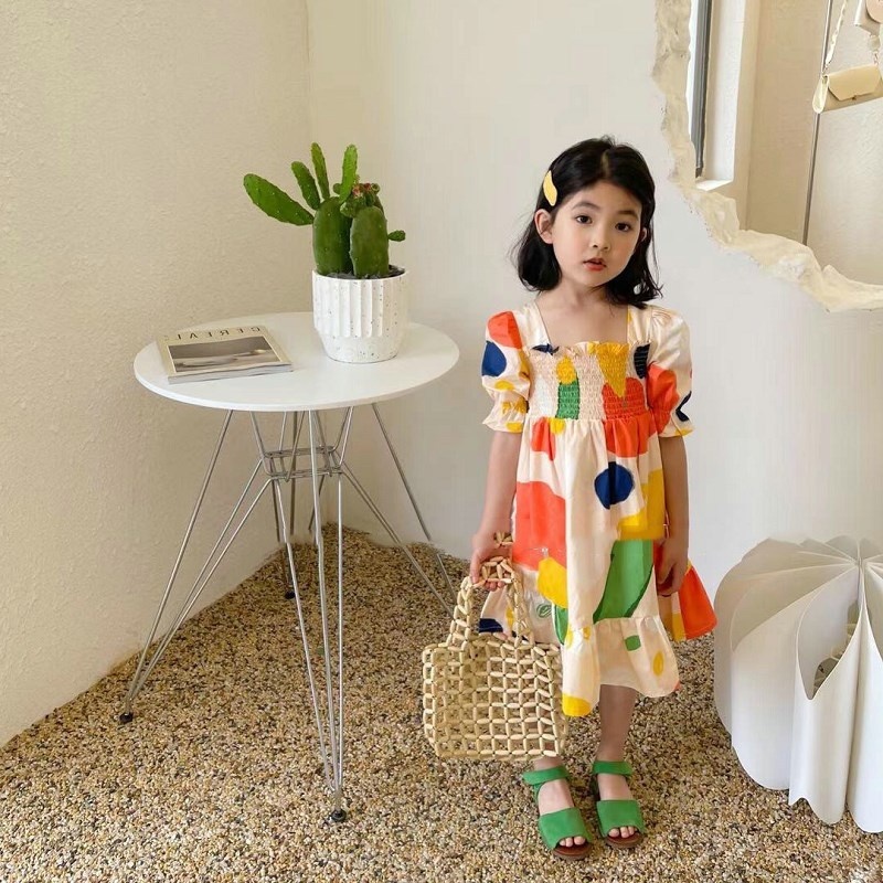 Baby Clothing Drawing - Girl's Dress Crinkle Color Block Tie